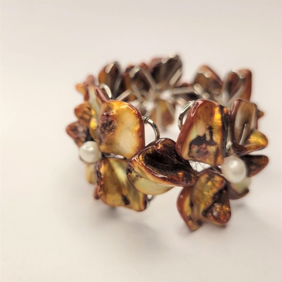 Golden Brown Cuff Bracelet with Freshwater Pearls and Mother Of Pearl - NEW - Picture 10 of 15